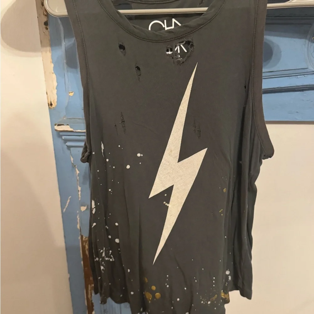 Chaser distressed Gray Tank Top with White Lightning Bolt - Picture 1 of 4